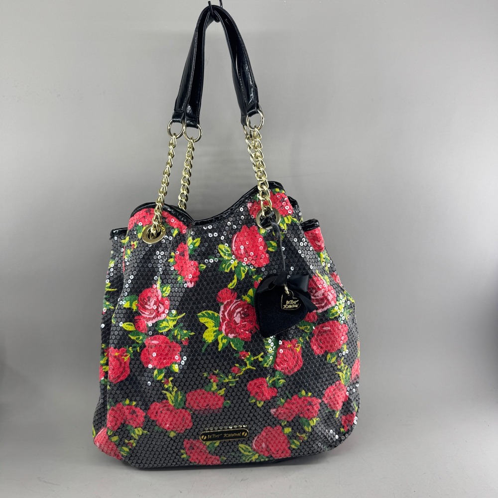 Betsey Johnson Women Sequin Rose Floral Tote Bag Black Red Gold Chain Strap